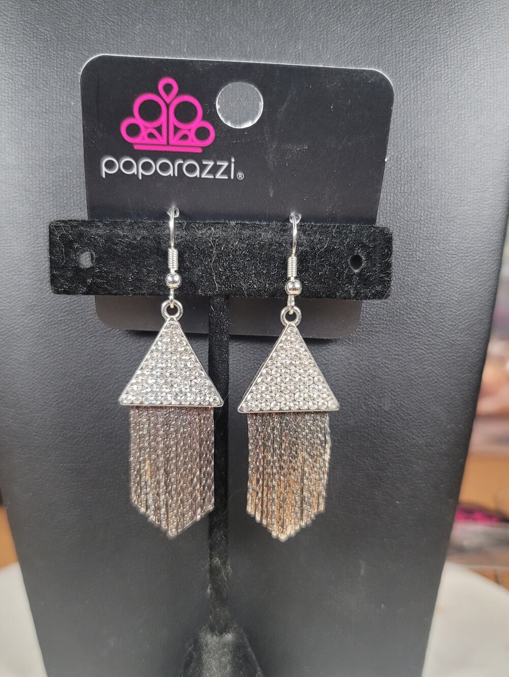 Paparazzi Silver Crystal Triangle Fringe Earrings